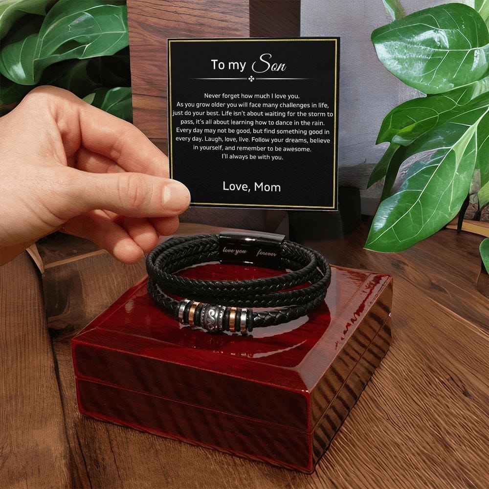 Leather Bracelet for Son from Mom, Gift for Son, Never Forget I Love You Two Tone Box