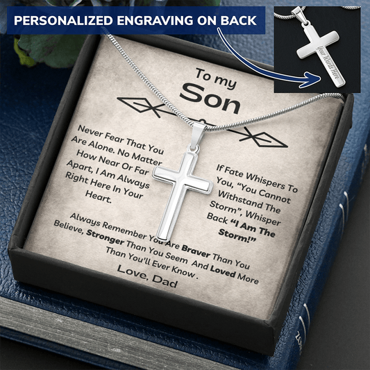 To My Son From Dad- Never Fear - Personalized Cross Necklace