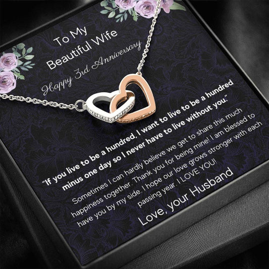 To My Beautiful Wife - Happy 3rd Anniversary - Interlocking Hearts Necklace